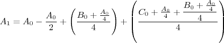 $A_1 = A_0 - \dfrac{A_0}{2} + \left(\dfrac{B_0 + \frac{A_0}{4}}4 \right) + \left(\dfrac{C_0 + \frac{A_0}{4} + \dfrac{B_0 + \frac{A_0}{4}}4}{4}\right)$