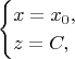 $$
\begin{cases}
x=x_{0},&\\
z=C,&\\
\end{cases}
$$