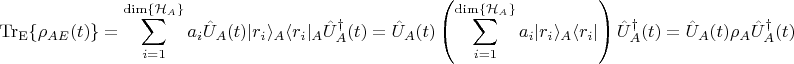 $$\operatorname{Tr_E}\{\rho_{AE}(t)\}=\sum_{i=1}^{\operatorname{dim}\{\mathcal{H}_A\}}a_i\hat{U}_A(t)|r_i\rangle_A \langle r_i|_A\hat{U}_A^\dagger(t)=\hat{U}_A(t)\left(\sum_{i=1}^{\operatorname{dim}\{\mathcal{H}_A\}}a_i|r_i\rangle_A \langle r_i|\right)\hat{U}_A^\dagger(t)=\hat{U}_A(t)\rho_A\hat{U}_A^\dagger(t)$$
