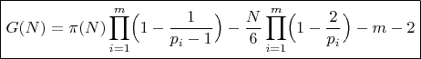 $\boxed{G(N)=\pi(N)\prod_{i=1}^{m}\Bigl(1-\frac{1}{p_i-1}\Bigr)-\frac{N}{6}\prod_{i=1}^{m}\Bigl(1-\frac{2}{p_i}\Bigr)-m-2}$