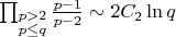$ \prod_{\substack{p > 2 \\ p \leq q}} \frac{p-1}{p-2} \sim 2C_2 \ln q $