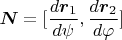 $$\boldsymbol N=[\frac{d\boldsymbol r_1}{d\psi},\frac{d\boldsymbol r_2}{d\varphi}]$$