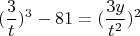 $$(\dfrac{3}{t})^3-81=(\dfrac{3y}{t^2})^2$$ $$(\dfrac{3}{t})^3-81=(\dfrac{3y}{t^2})^2$$