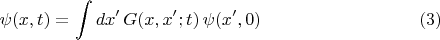 $$\psi(x,t)=\int dx'\,G(x,x';t)\,\psi(x',0)\,\eqno (3) $$ $$\psi(x,t)=\int dx'\,G(x,x';t)\,\psi(x',0)\,\eqno (3) $$