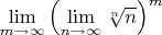 $\lim\limits_{m\to\infty}\left (\lim\limits_{n\to\infty} \sqrt[n] n\right)^m$