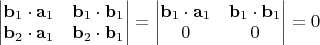 $\begin{vmatrix}\mathbf b_1\cdot \mathbf a_1 & \mathbf b_1\cdot \mathbf b_1\\\mathbf b_2\cdot \mathbf a_1 & \mathbf b_2\cdot \mathbf b_1\end{vmatrix}=\begin{vmatrix}\mathbf b_1\cdot \mathbf a_1 & \mathbf b_1\cdot \mathbf b_1\\0 & 0\end{vmatrix}=0$