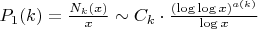 $P_1(k) = \frac{N_k(x)}{x} \sim C_k \cdot \frac{(\log\log x)^{a(k)}}{\log x}$ $P_1(k) = \frac{N_k(x)}{x} \sim C_k \cdot \frac{(\log\log x)^{a(k)}}{\log x}$