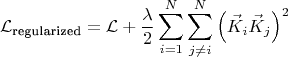 $$
\mathcal{L}_{\text{regularized}} = \mathcal{L} + \frac{\lambda}{2} \sum_{i=1}^{N} \sum_{j \neq i}^{N} \left( \vec{K}_{i} \vec{K}_{j} \right)^2
$$