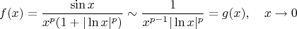 $$f(x)=\frac{\sin x}{x^p(1+|\ln x|^p)}\sim \frac{1}{x^{p-1}|\ln x|^p}=g(x),\quad x\to 0$$