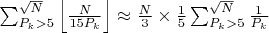 $\sum_{P_k > 5}^{\sqrt{N}} \left\lfloor \frac{N}{15 P_k} \right\rfloor \approx \frac{N}{3} \times \frac{1}{5} \sum_{P_k > 5}^{\sqrt{N}} \frac{1}{P_k}$ $\sum_{P_k > 5}^{\sqrt{N}} \left\lfloor \frac{N}{15 P_k} \right\rfloor \approx \frac{N}{3} \times \frac{1}{5} \sum_{P_k > 5}^{\sqrt{N}} \frac{1}{P_k}$