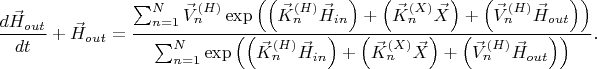 $$
\frac{d \vec{H}_{out}}{d t} + \vec{H}_{out}
= \frac{
\sum_{n = 1}^{N} \vec{V}^{(H)}_{n}
\exp \left(
\left( \vec{K}^{(H)}_{n} \vec{H}_{in} \right) + 
\left( \vec{K}^{(X)}_{n} \vec{X} \right) +
\left( \vec{V}^{(H)}_{n} \vec{H}_{out} \right) \right)
}{
\sum_{n = 1}^{N}
\exp \left(
\left( \vec{K}^{(H)}_{n} \vec{H}_{in} \right) + 
\left( \vec{K}^{(X)}_{n} \vec{X} \right) +
\left( \vec{V}^{(H)}_{n} \vec{H}_{out} \right) \right)
}.
$$