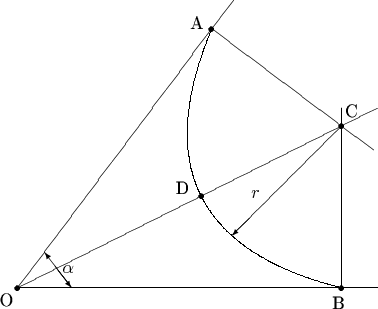 $$
\begin{picture}(400,200)
\put(20,20){\line(3,4){120}}
\put(20,20){\line(1,0){200}}
\put(20,20){\line(2,1){200}}
\put(200,20){\line(0,1){100}}
\put(128,164){\line(4,-3){90}}      
\qbezier(200,20)(80,50)(128,164)
\put(20,20){\circle*{3}}
\put(200,20){\circle*{3}}
\put(200,110){\circle*{3}}
\put(128,164){\circle*{3}}
\put(122,71){\circle*{3}}
\put(200,110){\vector(-1,-1){61}}
\put(50,20){\vector(-3,4){15}}
\put(41,32){\vector(3,-4){9}}
\put(10,10){O}
\put(202,115){C}
\put(116,164){A}
\put(108,72){D}
\put(195,8){B}
\put(150,70){$r$}
\put(45,28){$\alpha$}
\end{picture}
$$