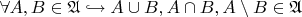 $\forall A,B \in \mathfrak{A} \hookrightarrow A \cup B, A \cap B,  A \setminus B \in \mathfrak{A}$