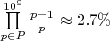 $\prod\limits_{p\in P}^{10^9}\frac{p-1}{p}\approx2.7\%$