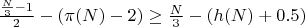 $\frac{\frac{N}{3} - 1}{2} - (\pi(N) - 2) \geq \frac{N}{3} - (h(N) + 0.5)$ $\frac{\frac{N}{3} - 1}{2} - (\pi(N) - 2) \geq \frac{N}{3} - (h(N) + 0.5)$