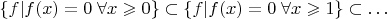 $\{f|f(x) = 0 \;\forall x \geqslant 0\}\subset \{f|f(x) = 0 \;\forall x \geqslant 1\}\subset\dots$