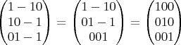 $$\begin{pmatrix}
1 -1 0 \\
1 0 -1 \\
0 1 -1
\end{pmatrix}=\begin{pmatrix}
1 -1 0 \\
0 1 -1 \\
0 0 1
\end{pmatrix}=\begin{pmatrix}
1 0 0 \\
0 1 0 \\
0 0 1
\end{pmatrix}$$ $$\begin{pmatrix}
1 -1 0 \\
1 0 -1 \\
0 1 -1
\end{pmatrix}=\begin{pmatrix}
1 -1 0 \\
0 1 -1 \\
0 0 1
\end{pmatrix}=\begin{pmatrix}
1 0 0 \\
0 1 0 \\
0 0 1
\end{pmatrix}$$