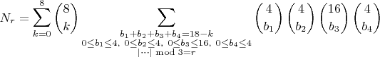 $$
N_r = \sum_{k=0}^8 \binom{8}{k}
      \sum_{\substack{b_1+b_2+b_3+b_4 = 18-k \\ 0 \le b_1 \le 4,\ 0 \le b_2 \le 4,\ 0 \le b_3 \le 16,\ 0 \le b_4 \le 4 \\ |\cdots| \bmod 3 = r}}
      \binom{4}{b_1}\,\binom{4}{b_2}\,\binom{16}{b_3}\,\binom{4}{b_4}
$$