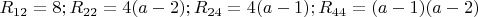$
R_{12}=8;
R_{22}=4(a-2);
R_{24}=4(a-1);
R_{44}=(a-1)(a-2)
$