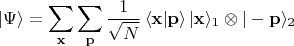 $$|\Psi\rangle = \sum_{\mathbf{x}}\sum_{\mathbf{p}}\frac{1}{\sqrt{N}}\,\langle \mathbf{x}|\mathbf{p}\rangle\,|\mathbf{x}\rangle_1\otimes |-\mathbf{p}\rangle_2$$