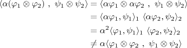 $$\begin{align}\langle \alpha (\varphi_1\otimes \varphi_2)\ ,\  \psi_1\otimes\psi_2\rangle &=\langle \alpha \varphi_1\otimes \alpha \varphi_2\ ,\  \psi_1\otimes\psi_2\rangle \\
& = \langle\alpha \varphi_1, \psi_1\rangle_1 \ \langle\alpha \varphi_2,  \psi_2\rangle_2\\
& = \alpha^2\langle \varphi_1, \psi_1\rangle_1\  \langle \varphi_2,  \psi_2\rangle_2 \\
& \ne \alpha \langle \varphi_1\otimes \varphi_2\ ,\  \psi_1\otimes\psi_2\rangle
\end{align}$$