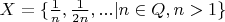 $X=\{\frac{1}{n},\frac{1}{2n},...|n\in Q, n>1\}$