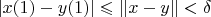 $|x(1) - y(1)| \leqslant \|x - y\| <  \delta$