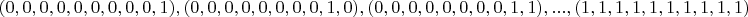 $(0,0,0,0,0,0,0,0,0,1),(0,0,0,0,0,0,0,0,1,0),(0,0,0,0,0,0,0,0,1,1),...,(1,1,1,1,1,1,1,1,1,1)$