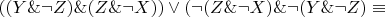 $\[\ ((Y\& \neg Z)\& (Z\& \neg X)) \vee (\neg (Z\& \neg X)\& \neg (Y\& \neg Z) \equiv$
