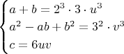 $\begin{cases} a+b=2^{3}\cdot 3 \cdot u^3\\a^{2}-ab+b^{2}=3^{2}\cdot v^{3}\\c=6uv  \end{cases}$