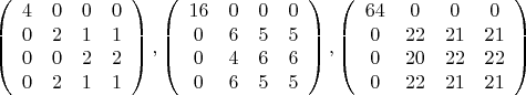 $$ 
\left(
\begin{array}{cccc}
 4 & 0 & 0 & 0 \\
 0 & 2 & 1 & 1 \\
 0 & 0 & 2 & 2 \\
 0 & 2 & 1 & 1 \\
\end{array}
\right), 
\left(
\begin{array}{cccc}
 16 & 0 & 0 & 0 \\
 0 & 6 & 5 & 5 \\
 0 & 4 & 6 & 6 \\
 0 & 6 & 5 & 5 \\
\end{array}
\right),
\left(
\begin{array}{cccc}
 64 & 0 & 0 & 0 \\
 0 & 22 & 21 & 21 \\
 0 & 20 & 22 & 22 \\
 0 & 22 & 21 & 21 \\
\end{array}
\right)
$$