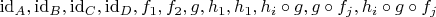 $\mathrm{id}_A, \mathrm{id}_B, \mathrm{id}_C, \mathrm{id}_D, f_1, f_2, g, h_1, h_1, h_i \circ g, g \circ f_j, h_i \circ g \circ f_j$
