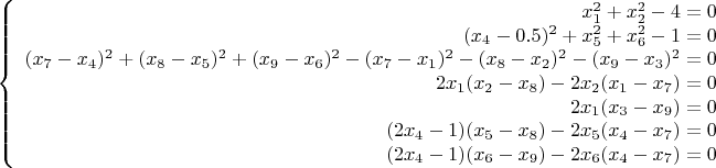 $$\left\{
\begin{array}{rcl}
 x_1^2+x_2^2-4=0 \\
 (x_4-0.5)^2+x_5^2+x_6^2-1=0 \\
 (x_7-x_4)^2+(x_8-x_5)^2+(x_9-x_6)^2-(x_7-x_1)^2-(x_8-x_2)^2-(x_9-x_3)^2=0 \\
  2x_1(x_2-x_8)-2x_2(x_1-x_7)=0 \\
 2x_1(x_3-x_9)=0 \\
(2x_4-1)(x_5-x_8)-2x_5(x_4-x_7)=0 \\
(2x_4-1)(x_6-x_9)-2x_6(x_4-x_7)=0  \\
\end{array}
\right.$$