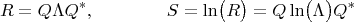 $$R=Q\Lambda Q^\ast,\qquad\qquad S=\ln\bigl(R\bigr)=Q\ln\bigl(\Lambda\bigr)Q^\ast$$