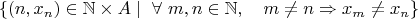 $$\{(n,x_n)\in\mathbb{N}\times A\mid \ \forall \ m,n \in \mathbb N,\quad m \ne n \Rightarrow x_m \ne x_n\}$$ $$\{(n,x_n)\in\mathbb{N}\times A\mid \ \forall \ m,n \in \mathbb N,\quad m \ne n \Rightarrow x_m \ne x_n\}$$