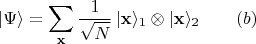 $$|\Psi\rangle=\sum_{\mathbf{x}}\frac{1}{\sqrt{N}}\,|\mathbf{x}\rangle_1 \otimes |\mathbf{x}\rangle_2 \qquad (b)$$
