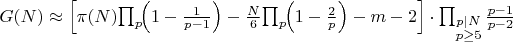 $G(N) \approx \Bigl[\pi(N)\!\prod_{p}\!\Bigl(1-\frac{1}{p-1}\Bigr) - \frac{N}{6}\!\prod_{p}\!\Bigl(1-\frac{2}{p}\Bigr) - m - 2\Bigr] \cdot \prod_{\substack{p \mid N \\ p \geq 5}} \frac{p-1}{p-2}$