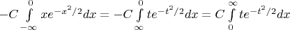 $-C\int\limits_{-\infty}^{0}xe^{-x^2/2}dx=-C\int\limits_{\infty}^{0}te^{-t^2/2}dx=C\int\limits_0^{\infty}te^{-t^2/2}dx$