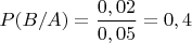 $P(B/A)=\dfrac{0,02}{0,05}=0,4$